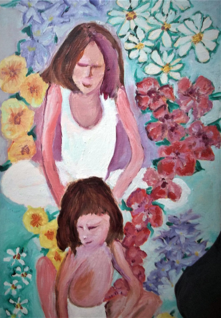 adrienne macallum painting, untitled, woman and child in a field of flowers