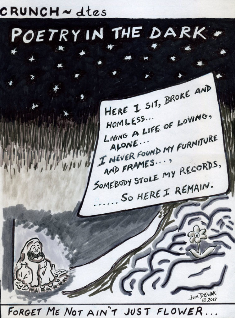 Jim Dewar cartoon titled "Poetry in the Dark", picture of someone sitting along in the dark with a poem in the sky and a flower nearby