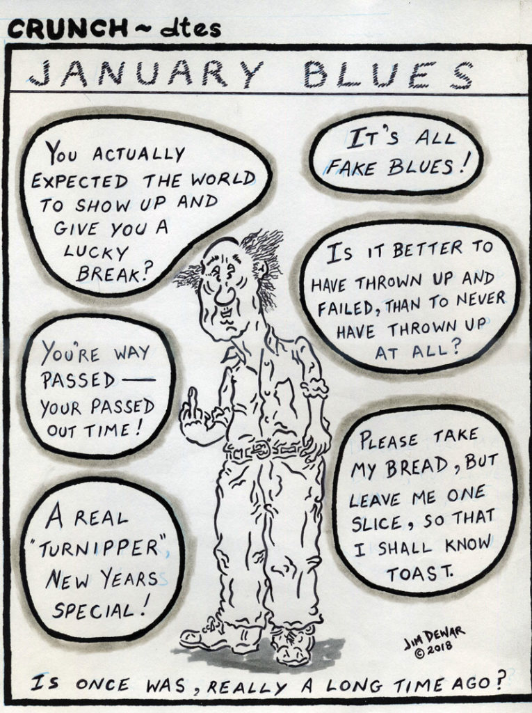 Jim Dewar cartoon titled "January Blues", man with speech bubbles around him