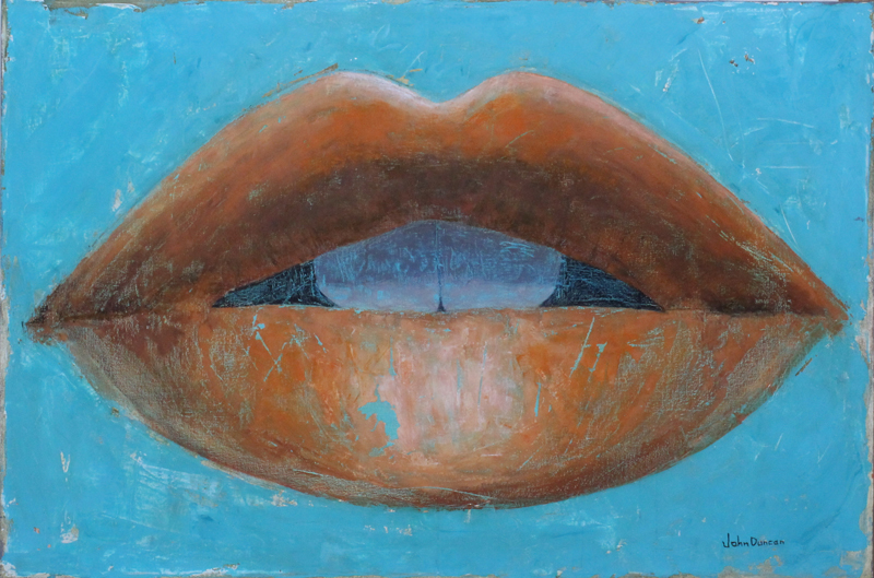 John Duncan piece titled "Lips", 24 x 36 inches, red lips on blue background