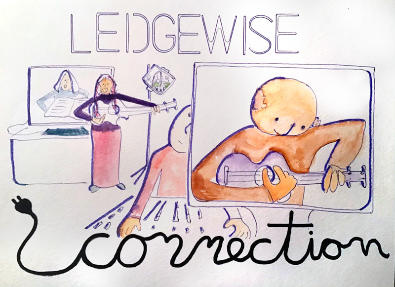 Ledgewise album cover for "Connection" music album, created with watercolour and pen. Drawing shows several musicians, including guitar and digital music compilation.